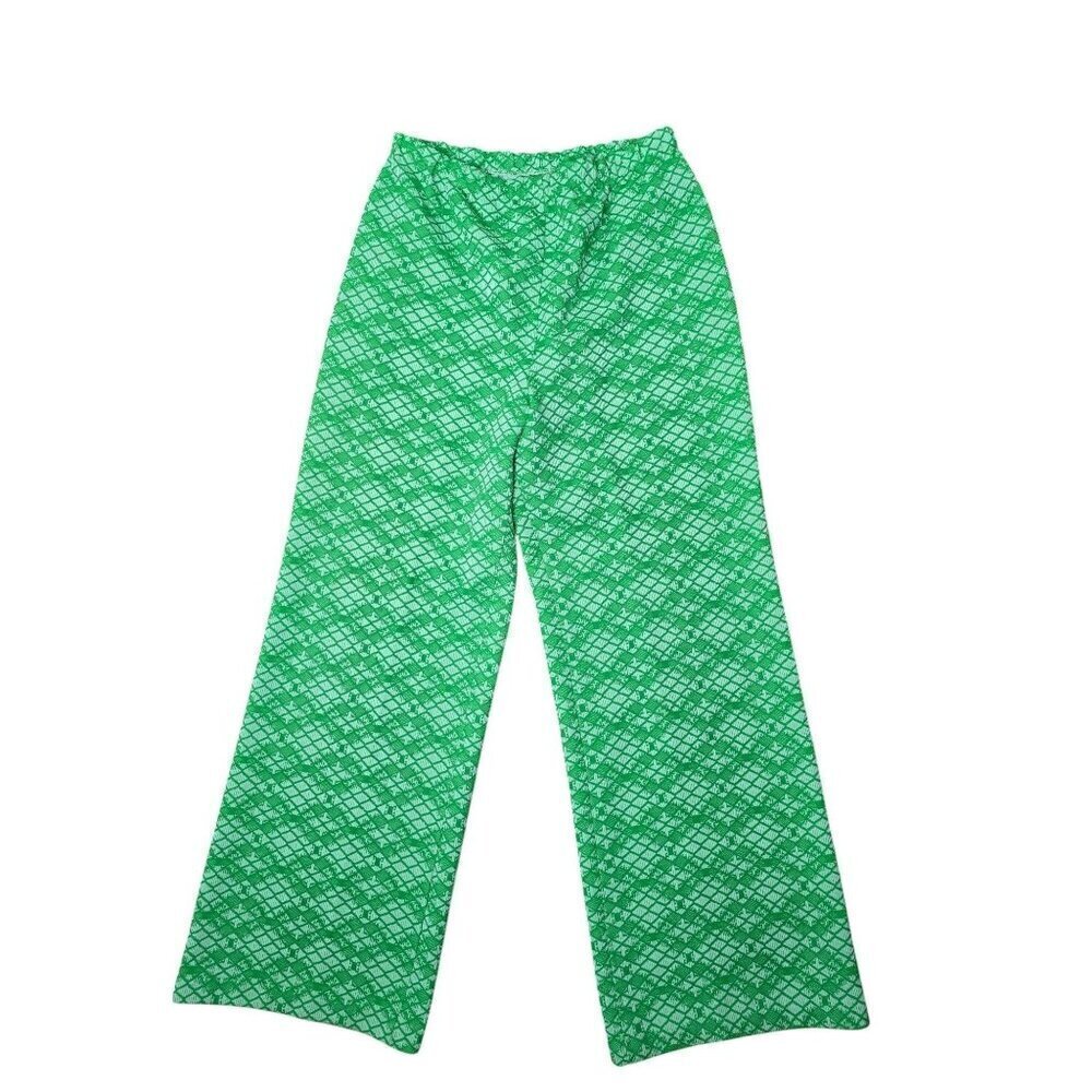 Vintage 1960s 1970s Groovy Psychedelic Neon Green Wide Leg Pant